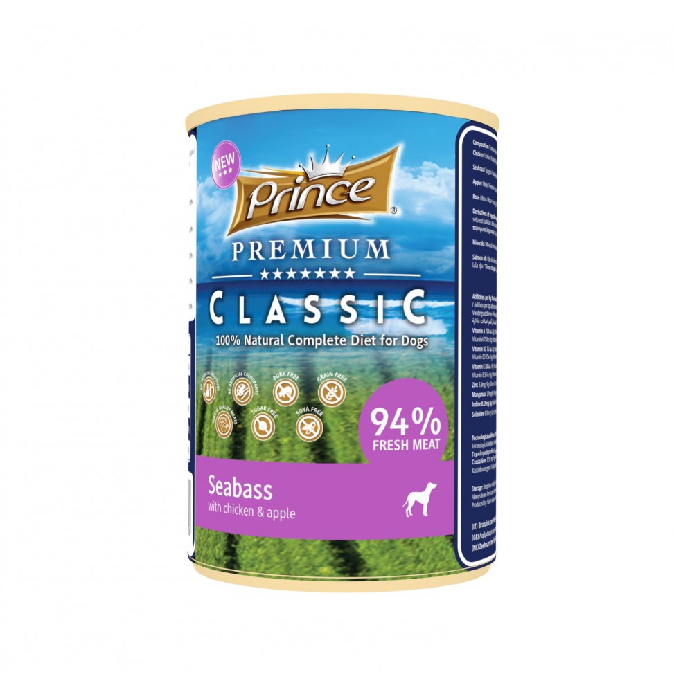 Prince Premium Classic Sea Bass with Chicken and Apples 400g wet dog food